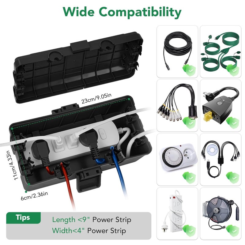 Havenso Medium and Small Outdoor Electrical Box, IP54 Waterproof, Extension Cord Cover Protect Power Strip, String Lights, Timer, Plug, Black - Image 3